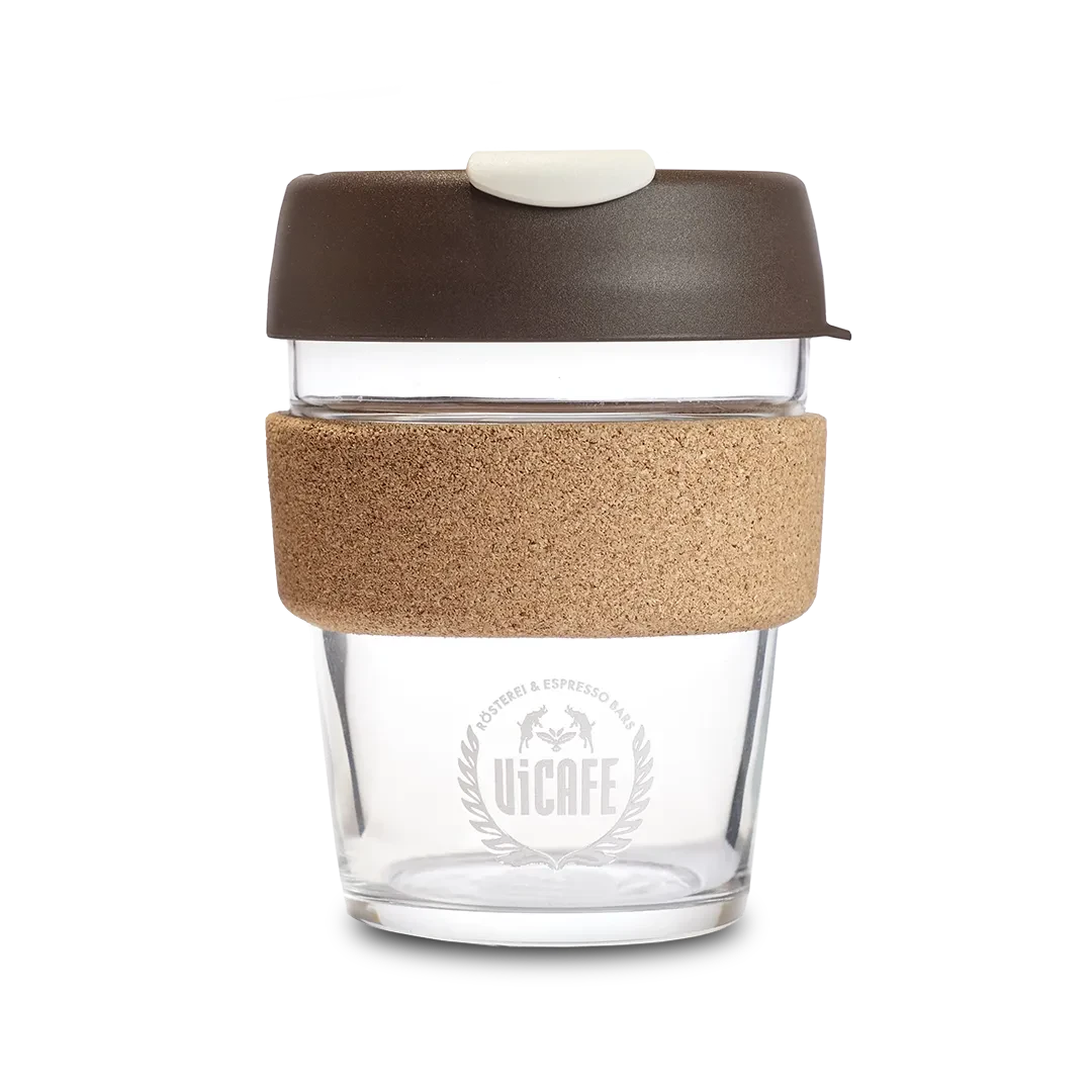 ViCAFE KeepCup Glasbecher mit Korkband und braunem Deckel Mehrweg Kaffeebecher